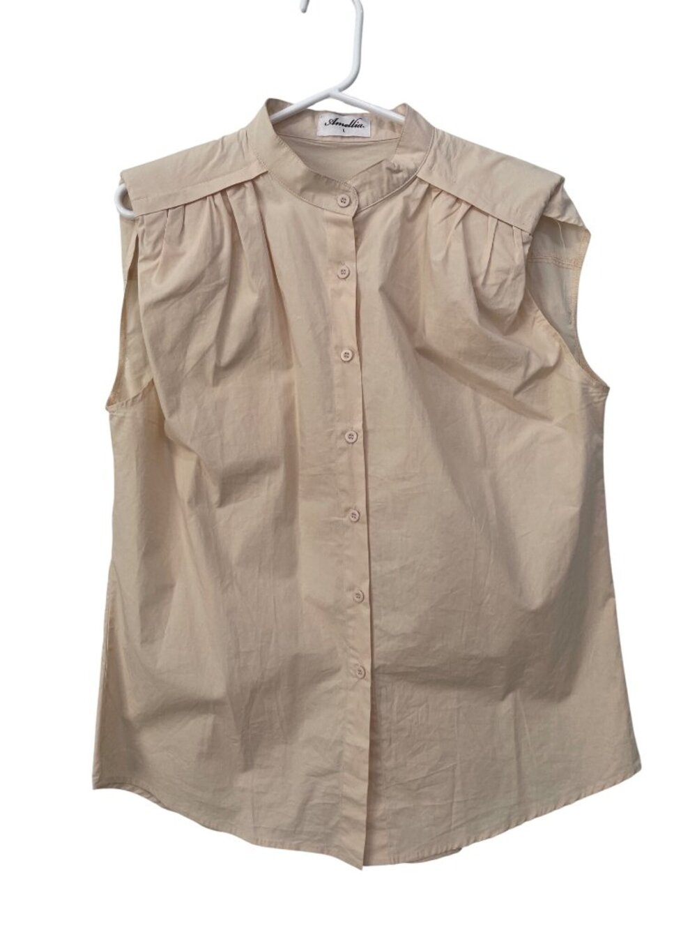 Amellia Shirt Large Button Front Sleeveless Beige Cotton Career Business Casual